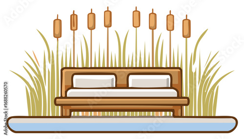 Vector illustration of a wooden bench in tall reeds by a calm body of water