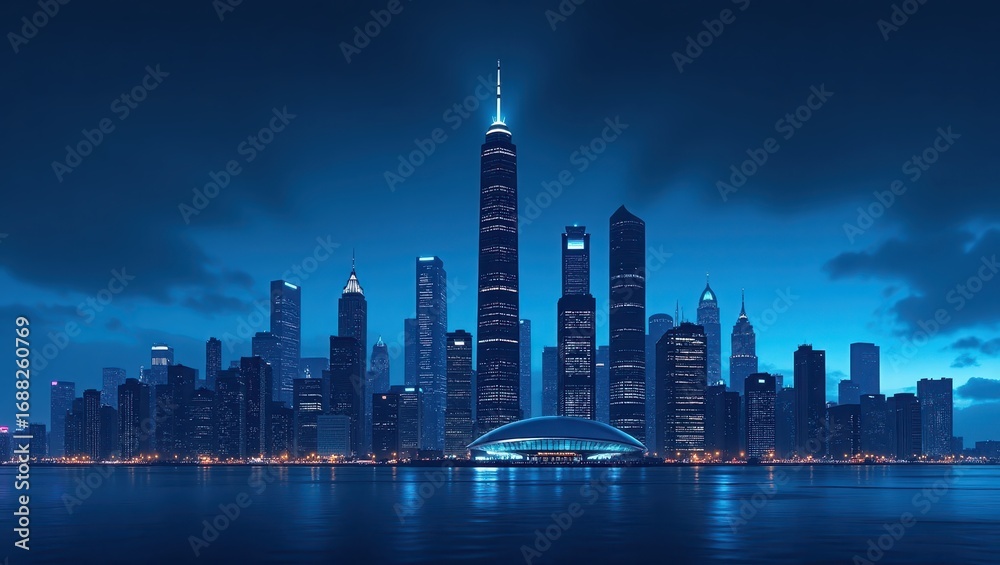 Obraz premium A nocturnal cityscape panorama, showcasing a cluster of skyscrapers illuminated in cool blue hues against a twilight sky, reflected in calm waters. 
