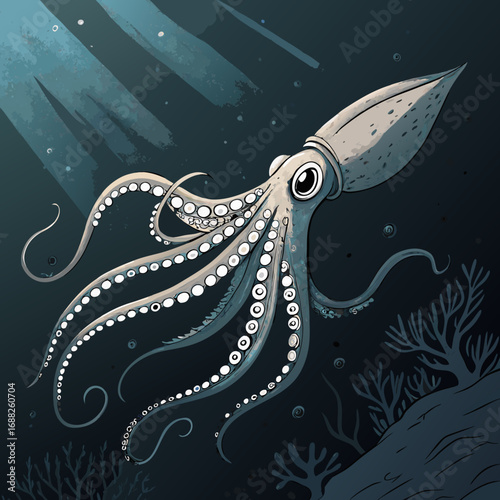 Stylized squid illustration swimming in the ocean.