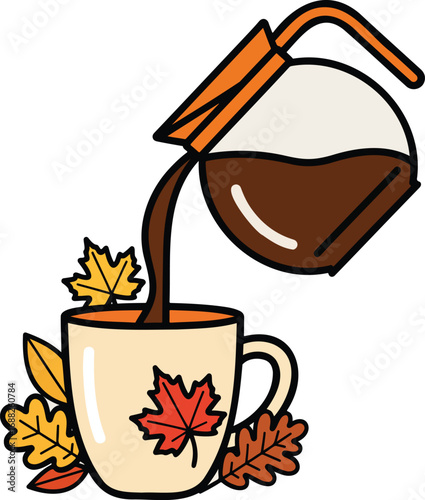 Vector icon set of World Coffee Day and autumn season. Includes coffee mugs, pumpkin spice latte, beans, café tools, latte art with fall leaves. Flat style with bold outline.