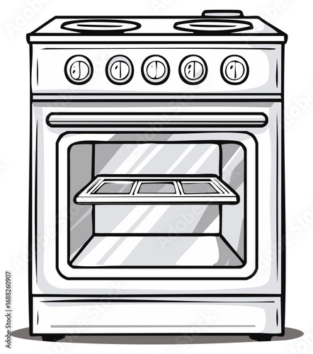 Classic white gas or electric oven with open door and stovetop burners