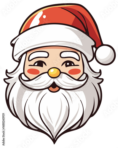 Happy cartoon Santa Claus head with red hat and white beard smiling cheerfully