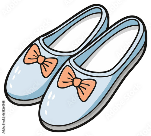 Cartoon illustration of light blue slippers with orange bows, cozy footwear design