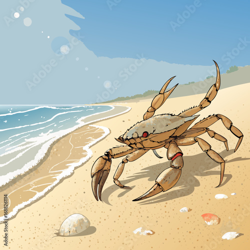 Superhero Crab with a Flowing Red Cape on the Beach.