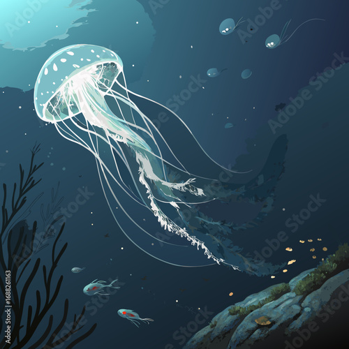 Surreal illustration of a giant jellyfish whale hybrid swimming underwater.