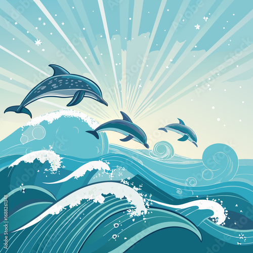 Three Playful Dolphins Jumping in Ocean Waves.