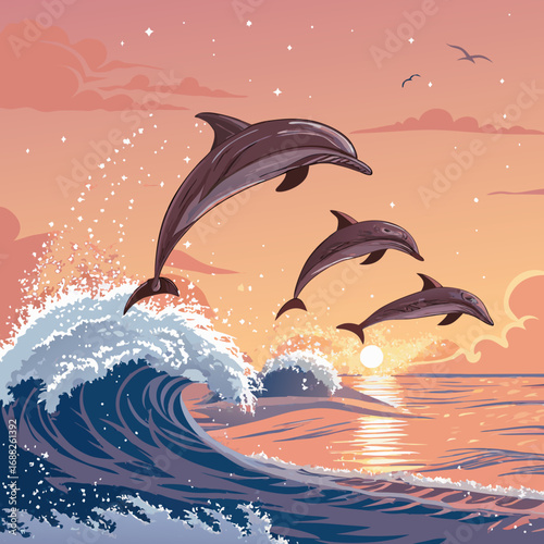 Three Playful Dolphins Jumping Over Ocean Waves at Sunset Illustration.