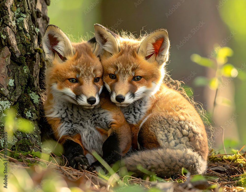 Obraz premium Two adorable red fox kits cuddling close together near a tree trunk in a forest.