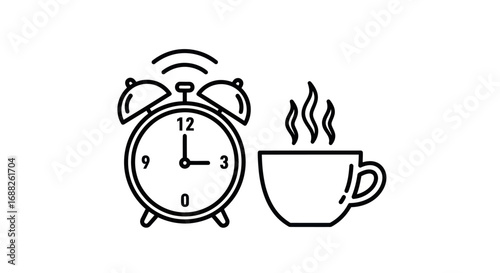Ringing alarm clock and steaming coffee cup icon for morning wake-up.