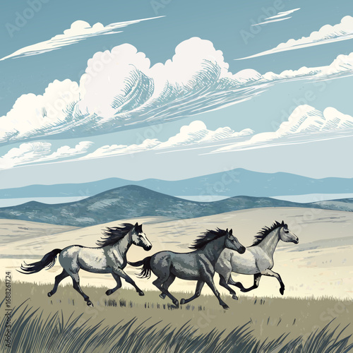 Three Wild Horses Galloping Across a Grassy Plain.