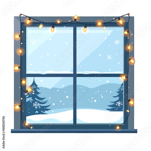 Pixel Art Window with Snow Covered Trees and Hills Scene Winter Holiday Pixel Art Window Bordered with Glowing String Lights Festive Mood