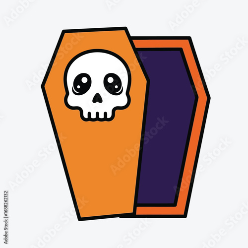 Cute cartoon coffin with kawaii skull illustration for halloween and spooky designs vector