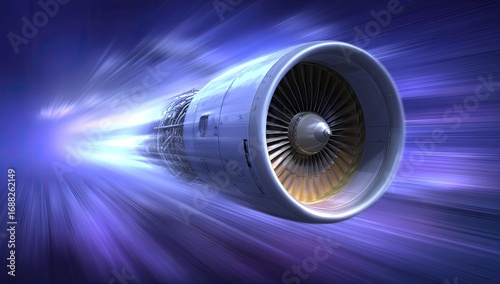 Jet engine in motion through a vibrant, blurred tunnel