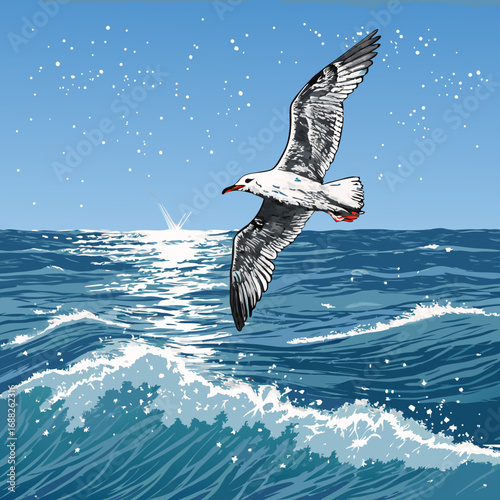 Vector illustration of a seagull flying over the ocean waves.