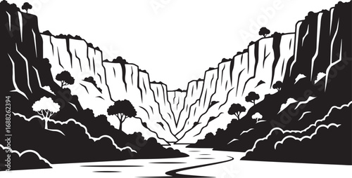 Canyon Landscape Line Art with Lush Vegetation and Water Stream