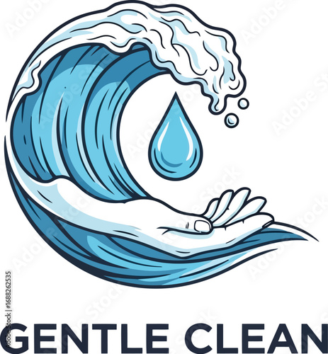 Hand cradling ocean wave with water droplet symbolizing gentle cleaning and natural purity for skincare or hygiene brands vector