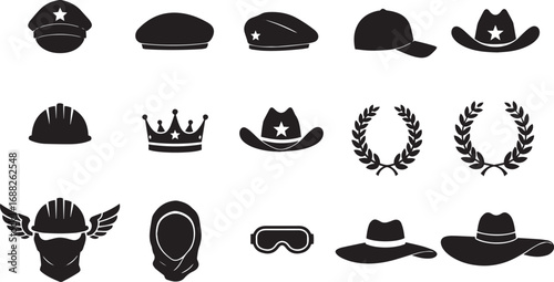 Collection of black silhouette icons representing various hats and protective headwear Keywords: cap, hat, police cap, beret, military cap, cowboy hat, hard hat, helmet, crown, laurel wreath