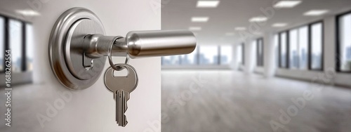 A metallic key in a white door, opening to a blurred, modern office space