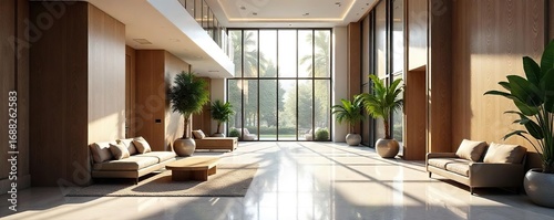 Sleek modern lobby design featuring minimalist furniture, abundant natural light, and stylish geometric patterns  Perfect for corporate, hotel, or residential spaces ,  hotel lobby,  lounge