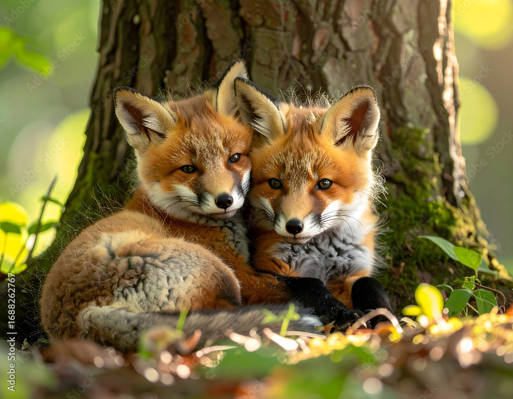 Obraz premium Two adorable fox cubs nestled close together beneath a tree trunk in a sunlit forest.