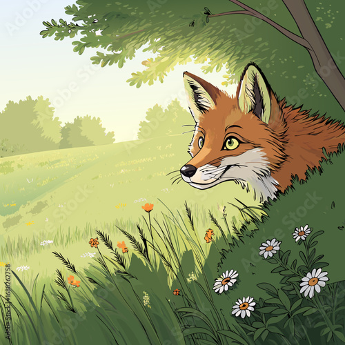 Vibrant digital illustration of a curious red fox in a meadow.