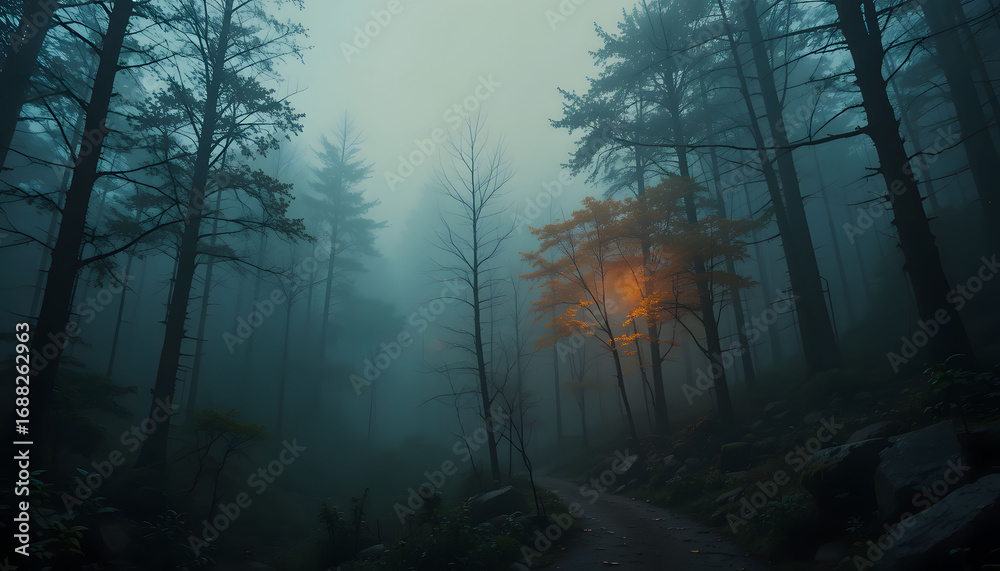 Fototapeta premium A dark and eerie forest background with a winding path and mysterious glowing orange lights.