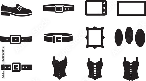 Collection of fashion and accessory icons including shoe belt frame and corset Keywords: shoe, oxford shoe, formal shoe, leather shoe, belt, buckle, fashion accessory, corset, bodice, lingerie