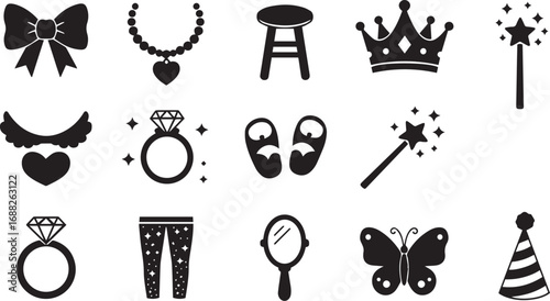 Diverse black silhouette icons featuring fashion, jewelry, and party elements Keywords: bow, ribbon, necklace, beads, heart pendant, eyelashes, heart, stool, chair, slippers, shoes, magic wand