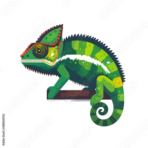 Pixelated Green Chameleon Perched on Branch with Intricate Eye Pattern and Vibrant Skin Detail Illustration on White Background