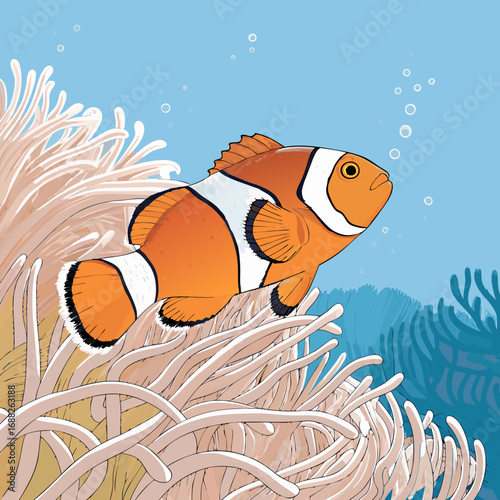 Vibrant Illustrated Clownfish in a Sea Anemone.