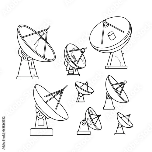 Satellite Dish Array on White Background Outline Style Communication Technology Concept with Multiple Antennas and Detailed Line Work