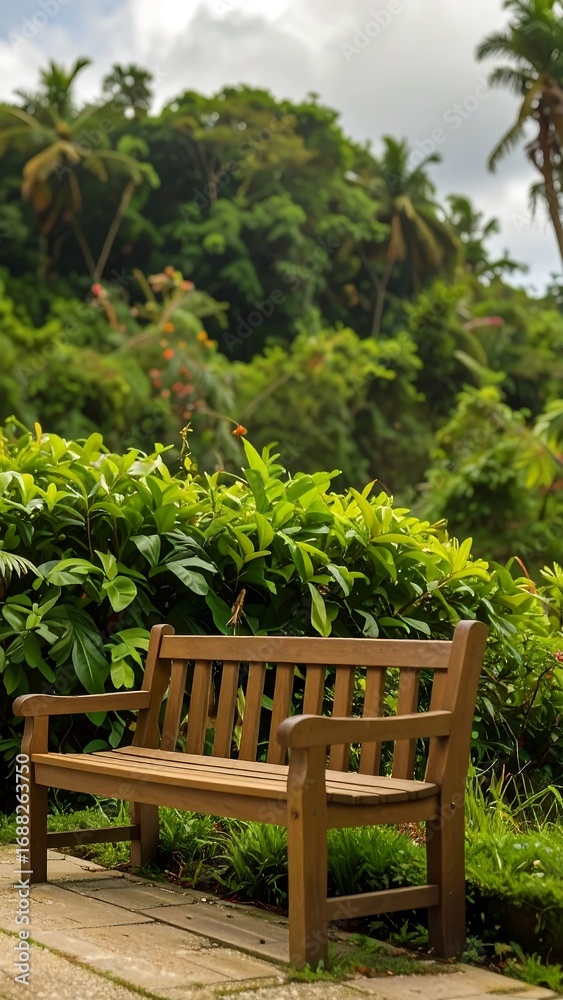 Obraz premium Wooden park bench in lush tropical garden