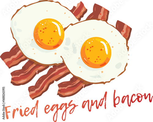 Isolated vector illustration of fried eggs and bacon. Cartoon icon of a classic breakfast plate of fried eggs and bacon. The two sunny side up eggs have golden yolks and crisp white whites. 