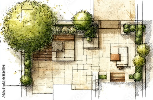 Outdoor patio design plan, trees and seating