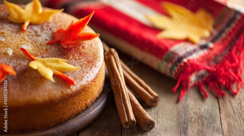 A golden brown sponge cake adorned with autumn themed edible decorations, red and yellow leaves,