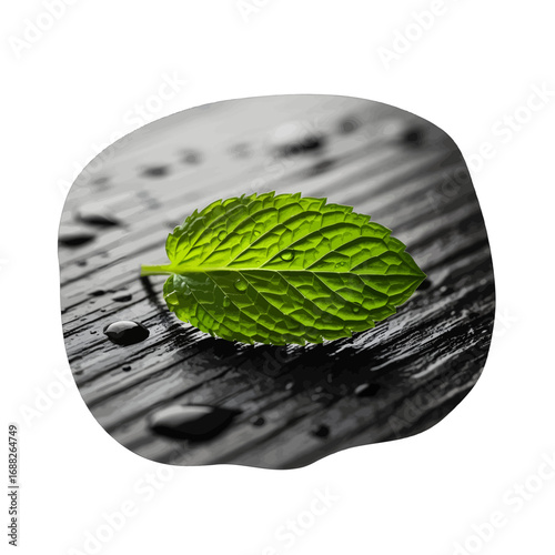 Fresh Green Mint Leaf Illuminated on Wet Gray Wood Surface Background with Water Droplets in High Contrast Lighting