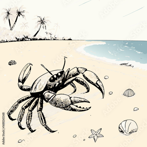 Vibrant Pink Crab Sketch on a Summer Beach Scene.
