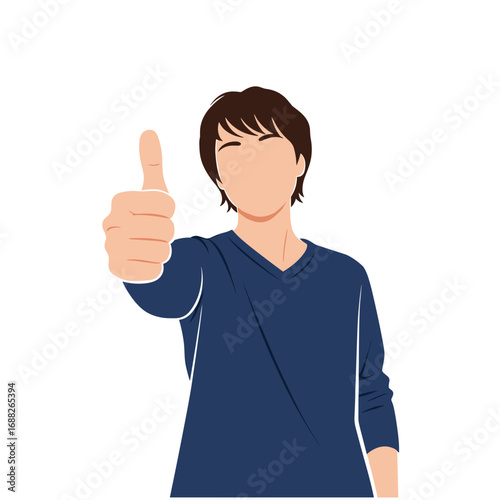 Young man with brown hair gives a thumbs up gesture of approval and agreement with a smile and closed eyes