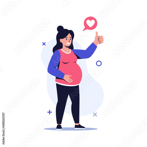Expecting mother shows thumbs up with heart symbol above her head