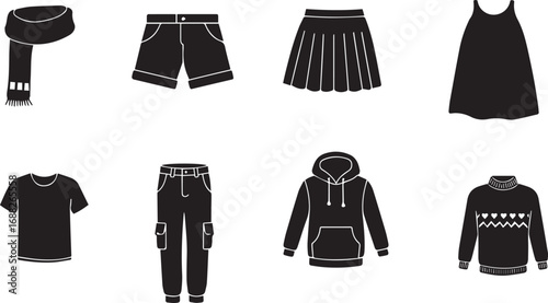 Eight black silhouette icons of clothing items including scarf shorts skirt dress t-shirt cargo pants hoodie and patterned sweater Keywords: clothing icons, fashion icons, apparel, garments