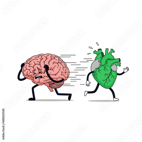 The brain chases the heart symbolizing emotional pursuit and rational escape