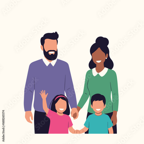 A happy diverse family with two children holding hands on a white background