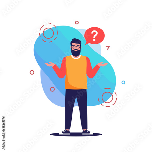 Man with question mark above head shrugging shoulders puzzled and confused about unknown problem or situation