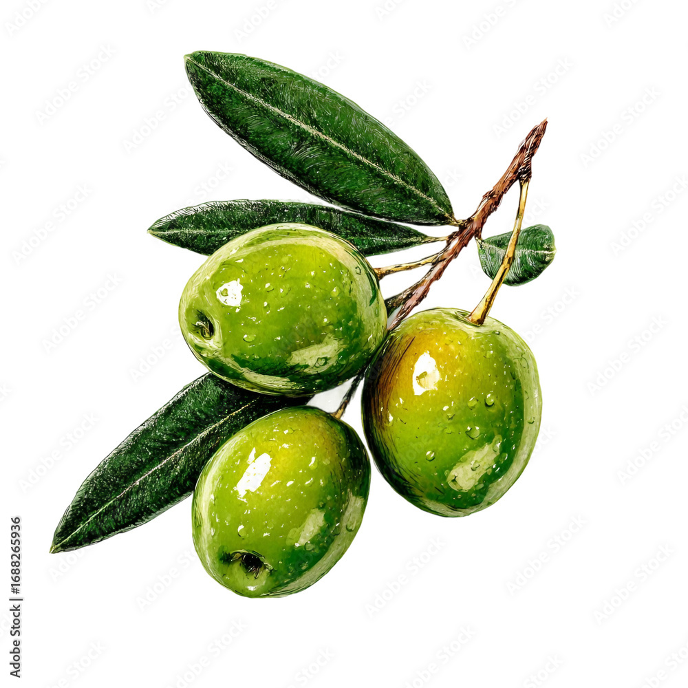 Obraz premium Green olives with leaves. on white background
