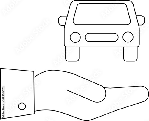 hand icon carrying a car icon with a white background