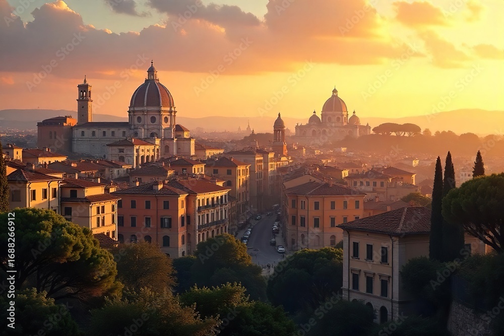 Obraz premium Serene cityscape view of Rome at dawn, bathed in golden light, perfect for meditation and tranquility Ancient architecture inspires inner peace , tranquil, quiet, relaxation