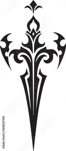 Ornate Tribal Style Sword or Cross Emblem Black Silhouette on White Background vector illustration