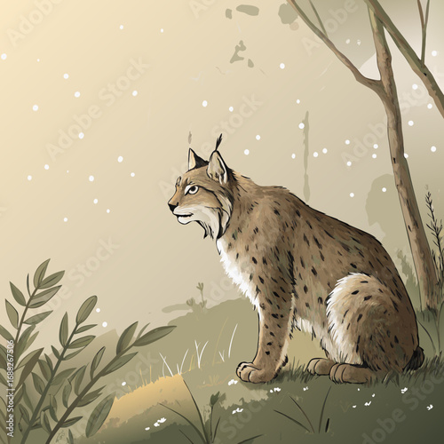 Wild lynx cat sitting on a rock in the forest.