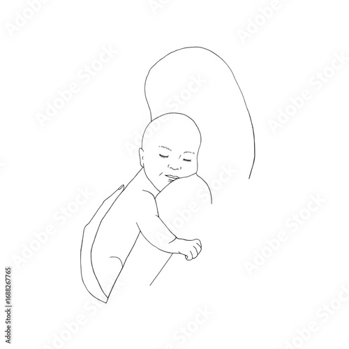 Baby with mom. Mother hugs smiling child. Graphic vector illustration, sketch line art style. Motherhood to Mother Day. For postcards, parenthood articles, children care product, website design