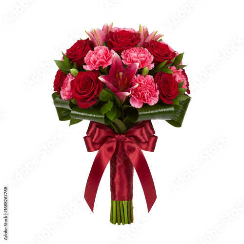 Vibrant red and pink rose and carnation bouquet with red ribbon